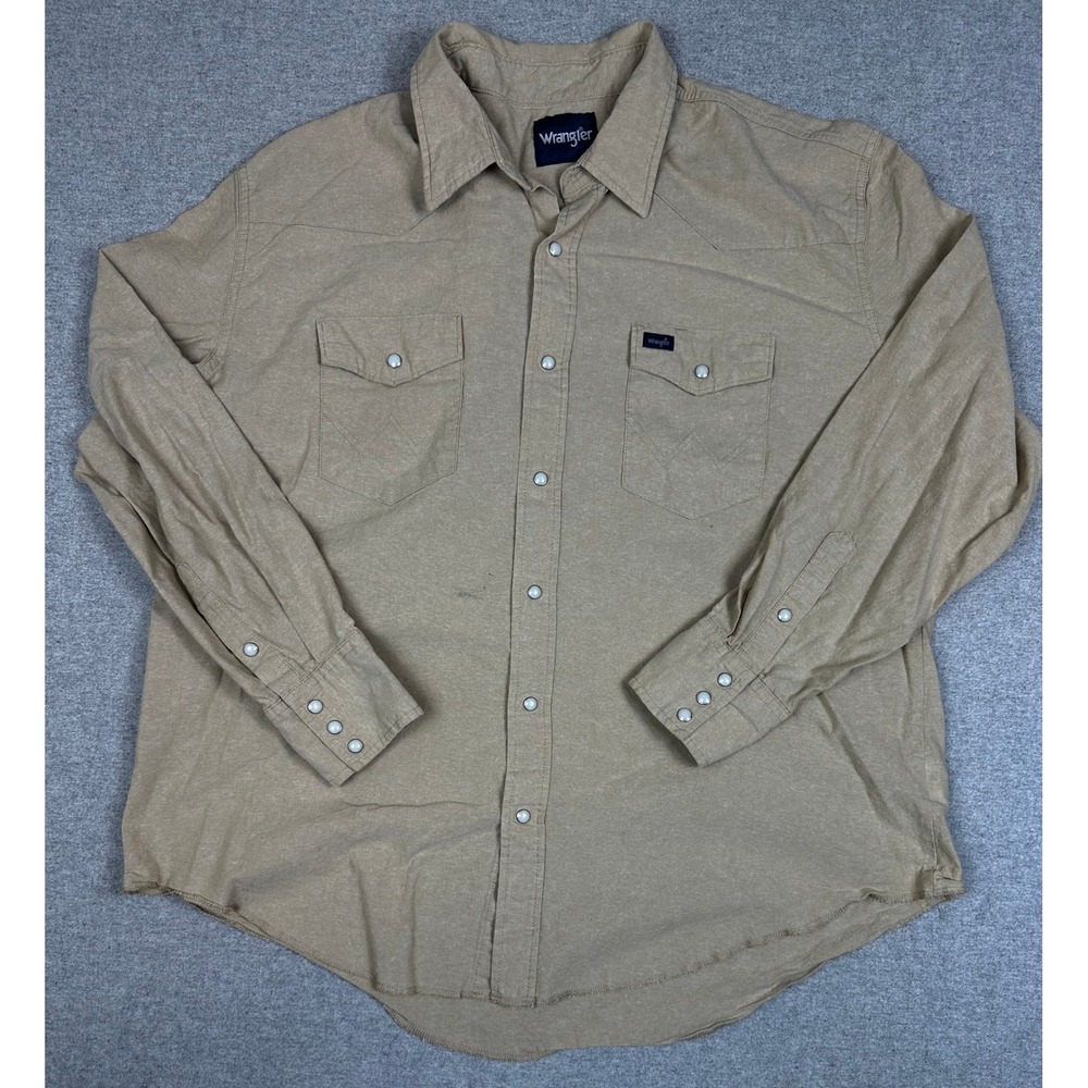 Wrangler Chamois Shirt Mens XL Western Pearl Snap Tan Khaki Long Sleeve Work